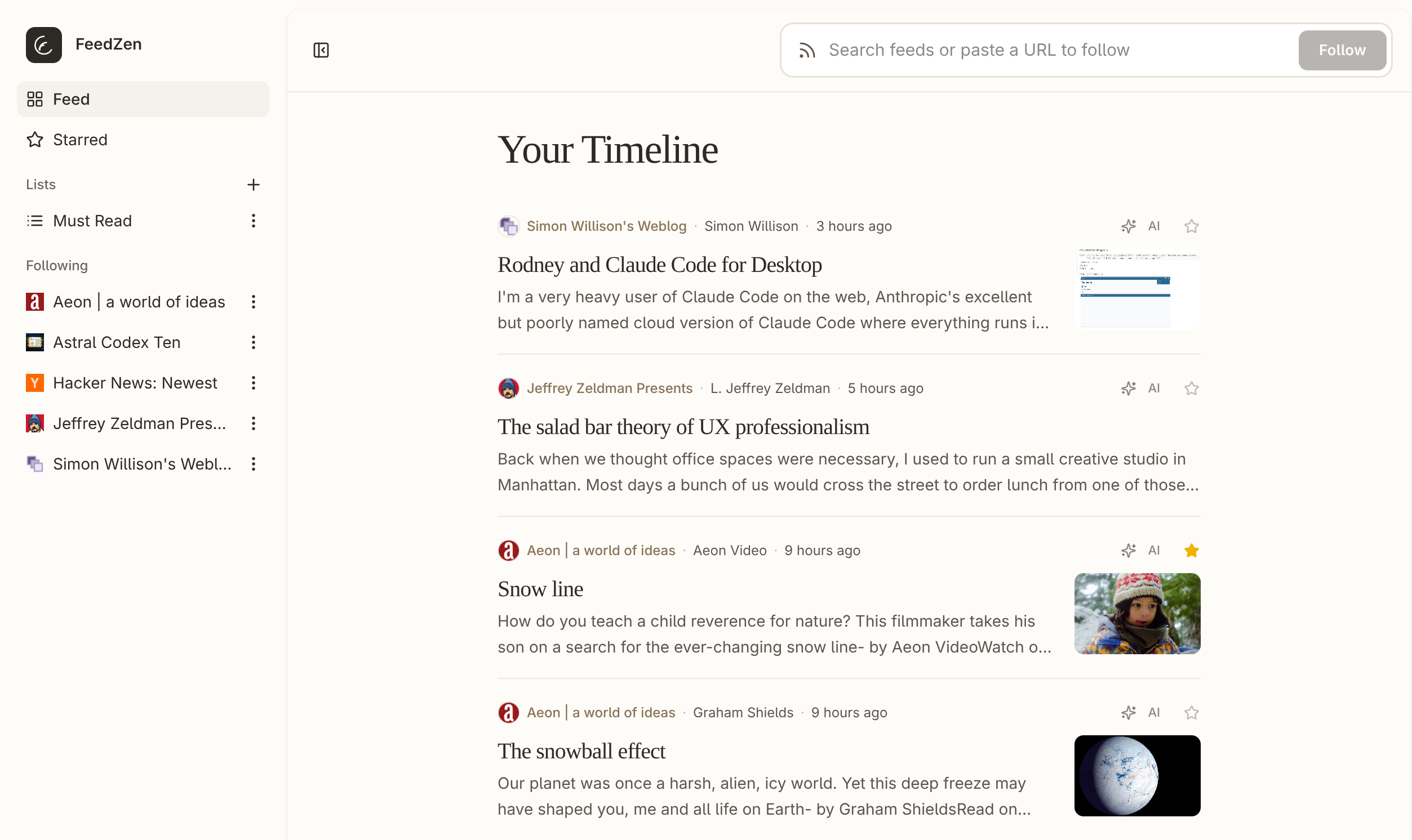 FeedZen app screenshot showing a clean timeline of RSS feeds